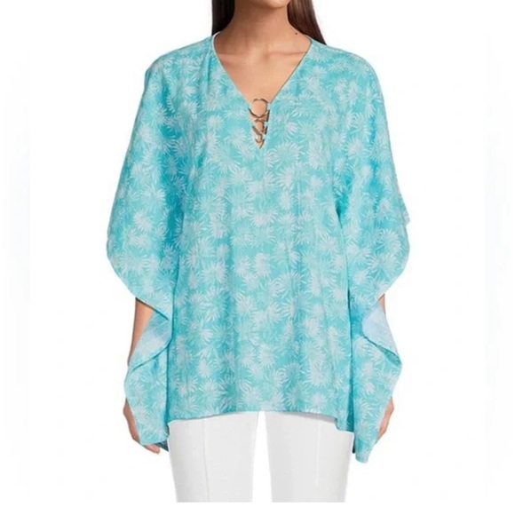 NWT Michael Kors Tropical Floral Poncho Top Size Small To Medium Turquoise - Picture 1 of 9